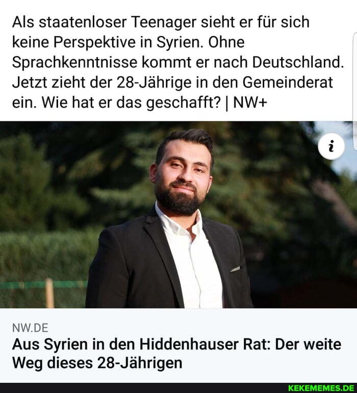 Als staatenloser Teenager sieht er für sich keine Perspektive in Syrien. Ohne
Sprachkenntnisse kommt er nach Deutschland.
Jetzt zieht der 28-Jährige in den Gemeinderat ein. Wie hat er das geschafft? I NW+
Aus Syrien in den Hiddenhauser Rat: Der weite
Weg dieses 28-Jährigen