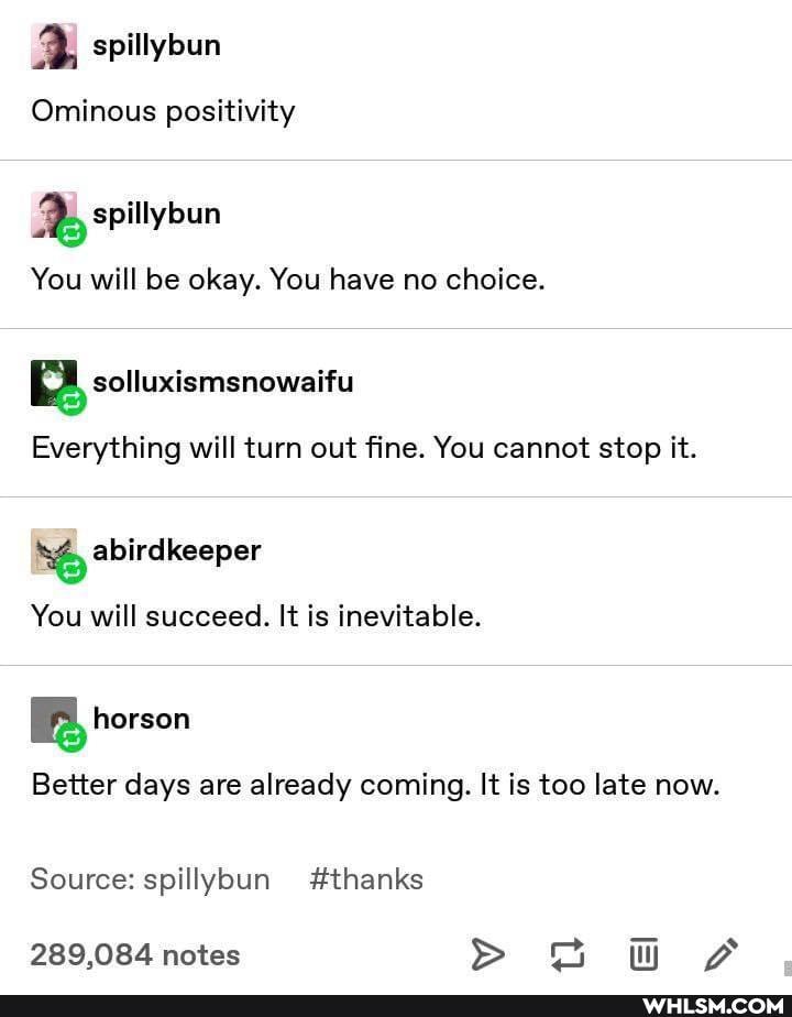 spillybun
Ominous positivity
You will be okay. You have no choice.
Everything will turn out fine. You cannot stop it.
pe pe
You will succeed. It is inevitable.
BB herson
Better days are already coming. It is too late now.
Source: spillybun #thanks
289,084 notes > SS hh