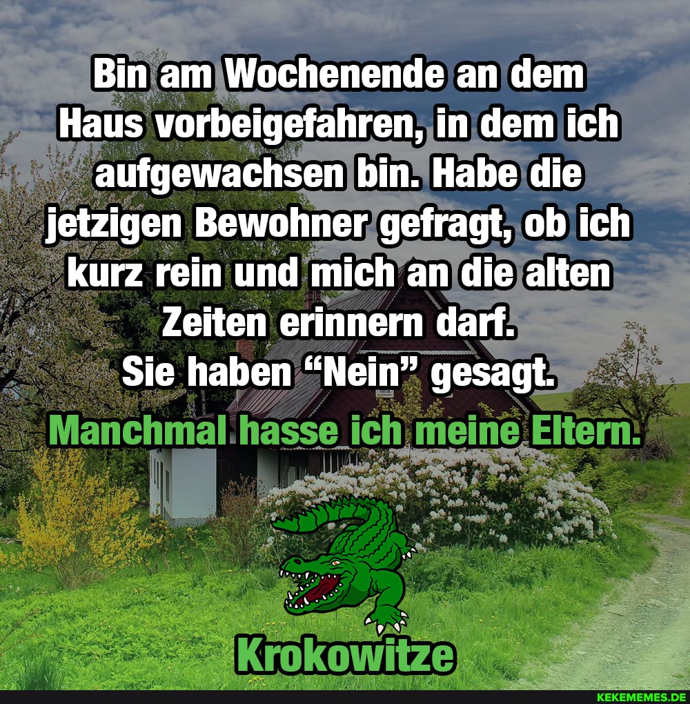 Bin am Wochenende an dem
Haus vorbeigefahren, in dem ich aufgewachsen bin. Habe die jetzigen Bewohner gefragt, ob ich kurz rein und mich an die alten
Zeiten erinnern darf.
Sie haben "Nein" gesagt.