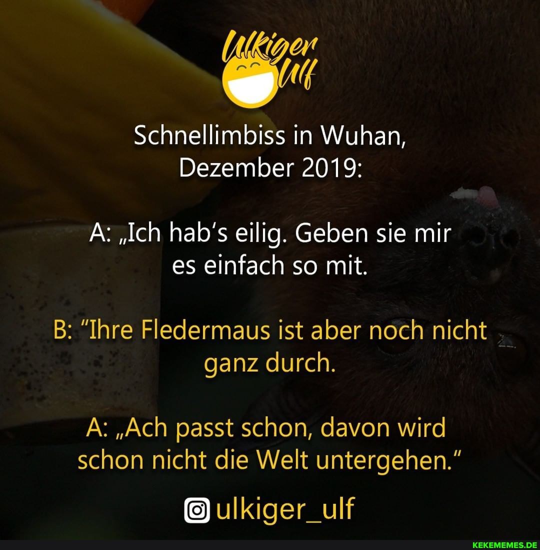 Schnellimbiss in Wuhan,
Dezember 2019:
A: "Ich hab's eilig. Geben sie mir es einfach so mit.
B: "Ihre Fledermaus ist aber noch nicht ganz durch.
A: "Ach passt schon, davon wird schon nicht die Welt untergehen."
ulkiger_ulf