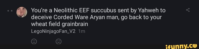 You're a Neolithic EEF succubus sent by Yahweh to
deceive Corded Ware Aryan man, go back to your
wheat field grainbrain