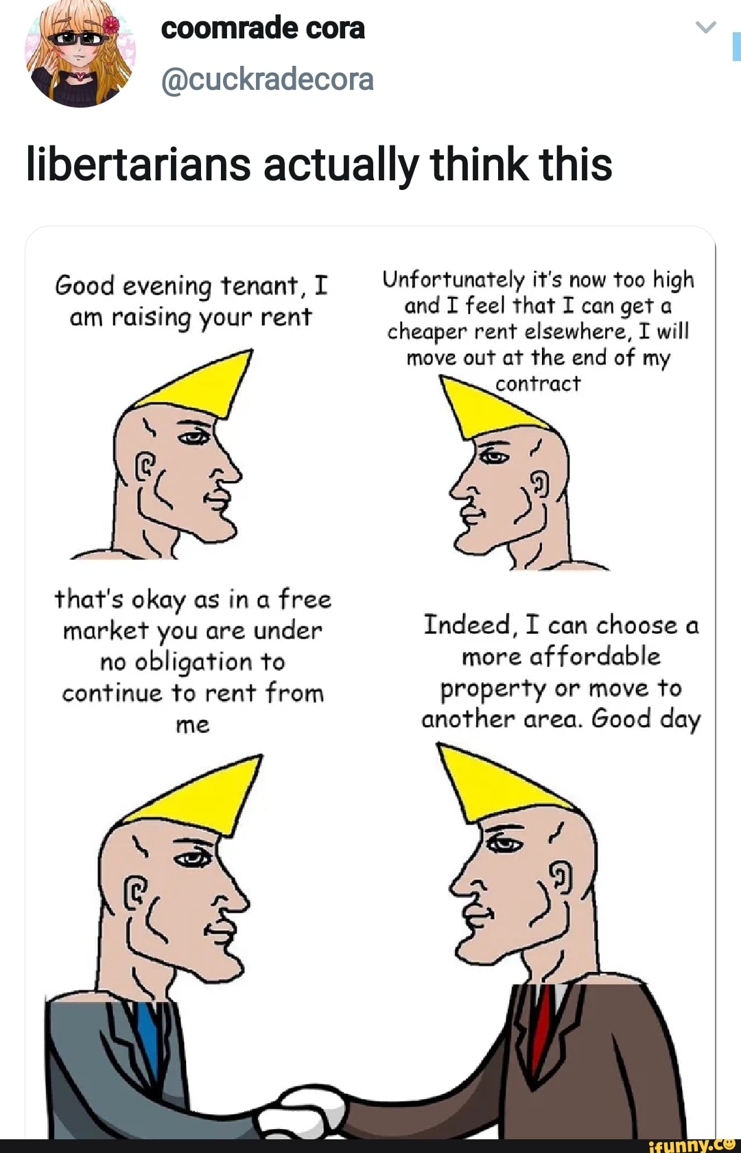libertarians actually think this
Good evening tenant, I Unfortunately it's now too high
and I feel that I can get a
Gm. Falising Your PENT
cheaper rent elsewhere, I will
my
contract
SS
E
okay
market under Indeed, I can
choose a