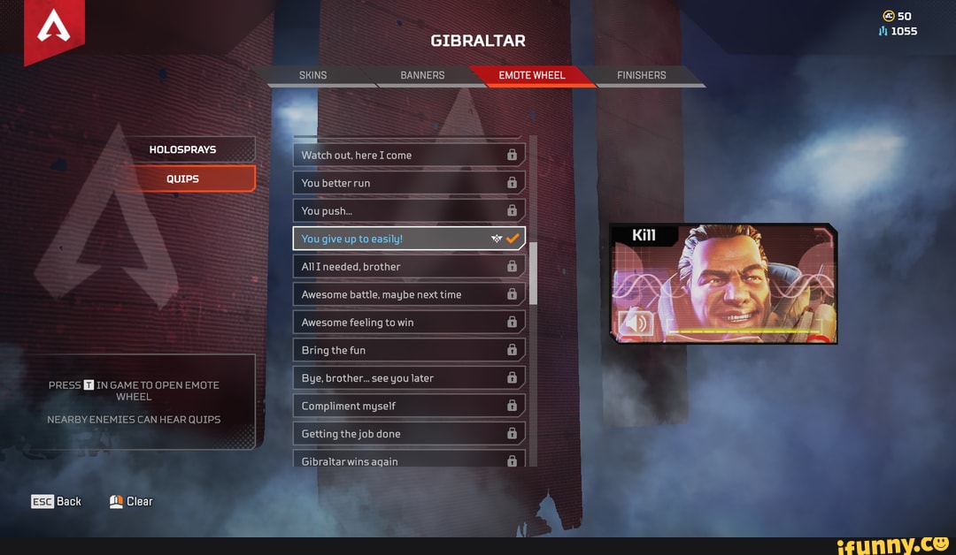 GIBRALTAR SKINS BANNERS EMOTE WHEEL FINISHERS 50 1055 PINISHERS Watch