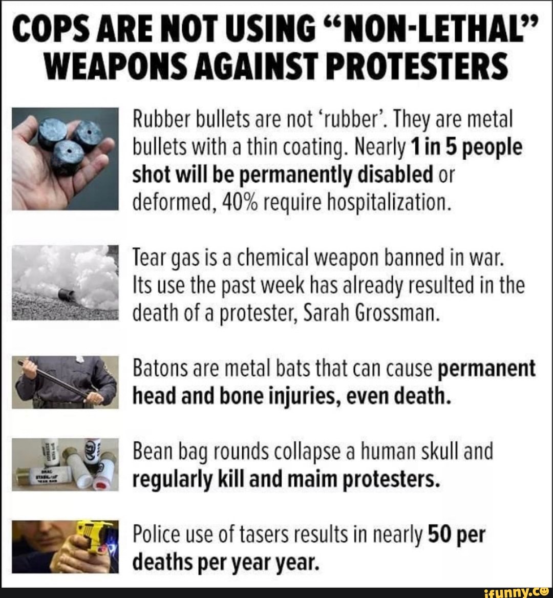 COPS ARE NOT USING "NON-LETHAL"
WEAPONS AGAINST PROTESTERS
De Rubber bullets are not 'rubber'. They are metal
=) bullets with a thin coating. Nearly 1in 5 people
3 shot will be permanently disabled or
deformed, 40% require hospitalization.
Tear gas is a chemical weapon banned in war.
Its use the past week has already resulted in the
death of a protester, Sarah Grossman.
ú Batons are metal bats that can cause permanent
y
head and bone injuries, even death.
LY Bean bag rounds collapse a human skull and
= regularly kill and maim protesters.
Police use of tasers results in nearly 50 per
deaths per year year.