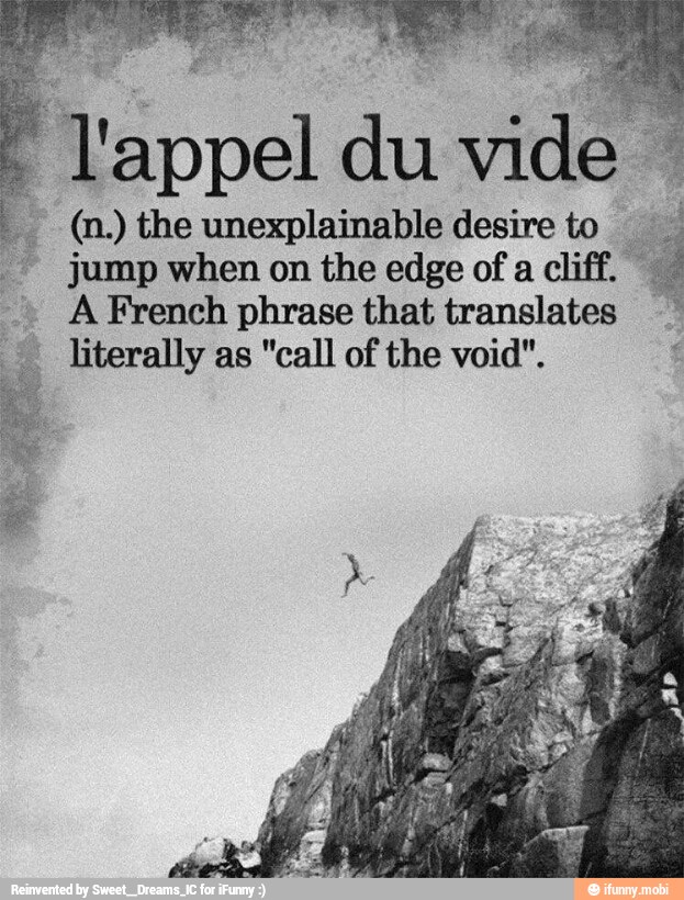 ta a
(n.) the unexplainable desire to
I
jump when on the edge of a cliff.
A French phrase that translates __ literally as "call of the void".