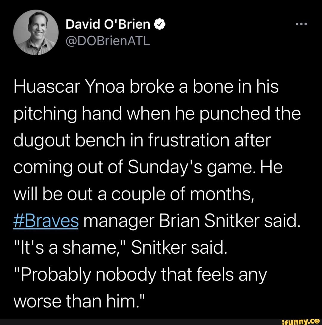 Atlanta Braves pitcher Huascar Ynoa breaks hand punching dugout bench