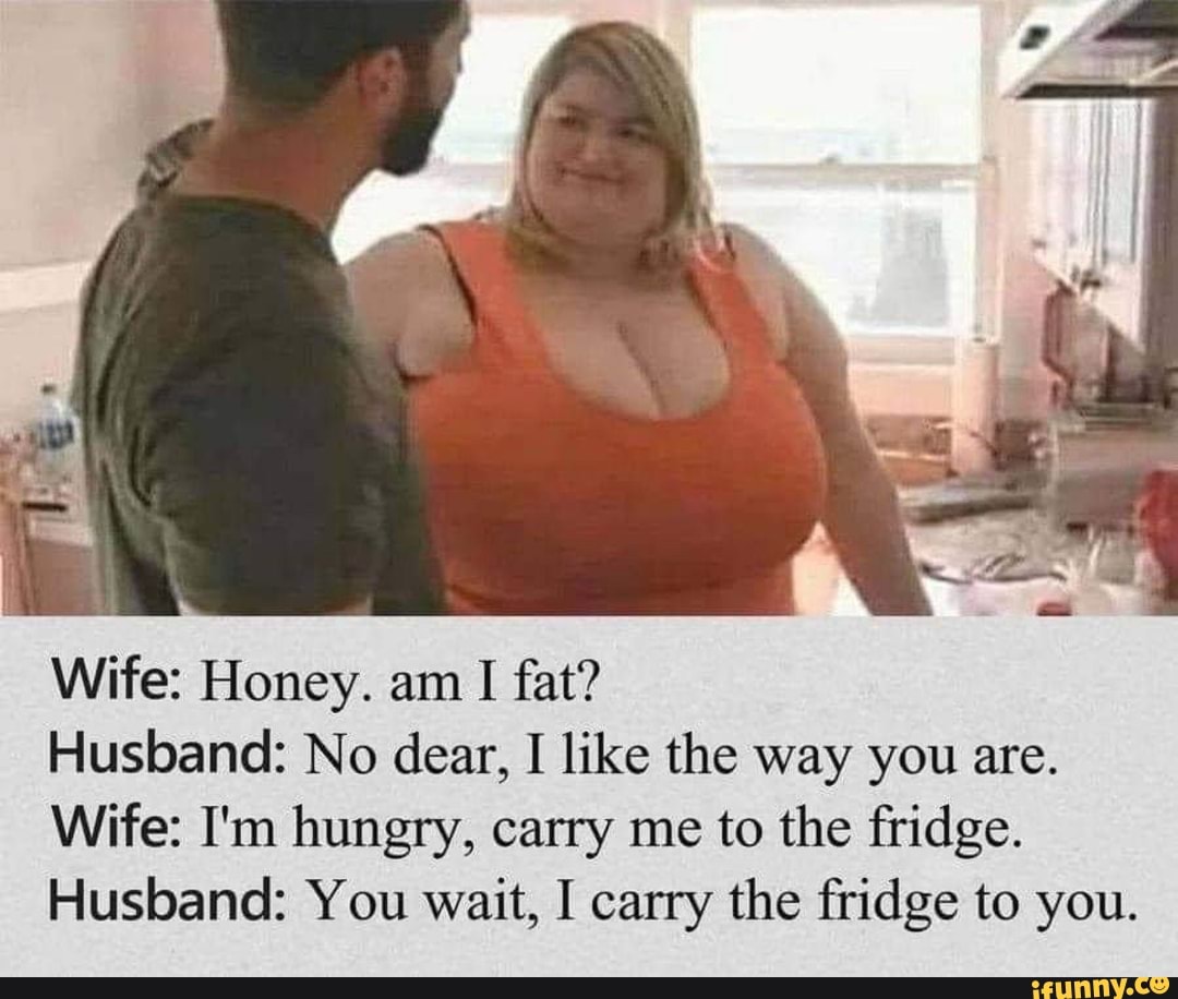 Wife: Honey. am I fat?
Husband: No dear, I like the way you are.
Wife: I'm hungry, carry me to the fridge.
Husband: You wait, I carry the fridge to you.