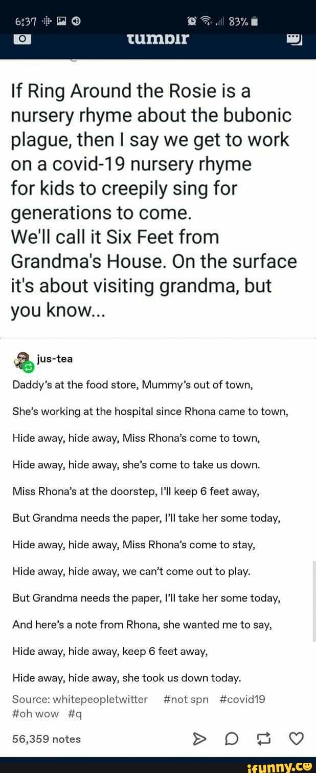 If Ring Around The Rosie Is A Nursery Rhyme About The Bubonic Plague Then I Say We Get To Work On A Covid 19 Nursery Rhyme For Kids To Creepily Sing For Generations