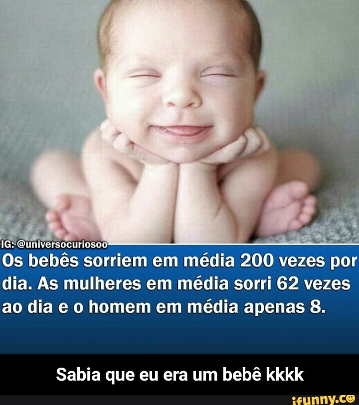 Os bebés sorriem em média
200
vezes
Dor
dia. As mulheres em média sorri 62 vezes
ao dia e o homem em média apenas 8.
Sabia que eu era um bebê kkkk - Sabia que eu era um bebê kkkk