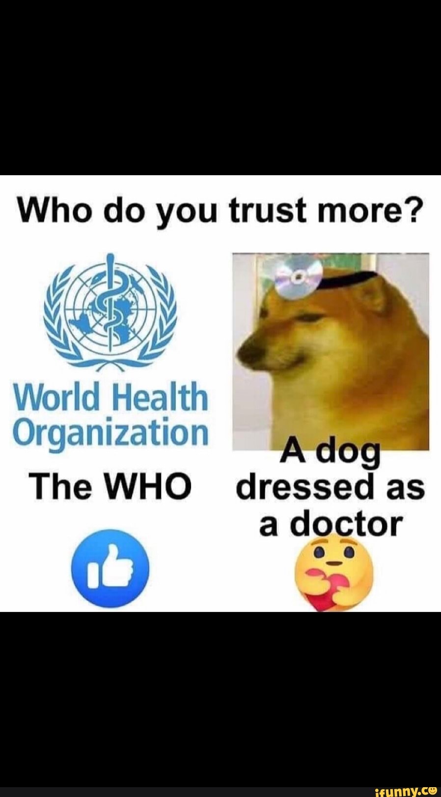 Who do you trust more?
url
World Health
I Organization
The WHO dressed as
doctor