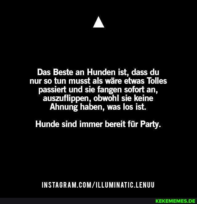 Das Beste an Hunden ist, dass du nur so tun musst als wäre etwas Tolles passiert und sie fangen sofort an, auszuflippen, obwohl sie keine
Ahnung haben, was los ist.
Hunde sind immer bereit für Party.