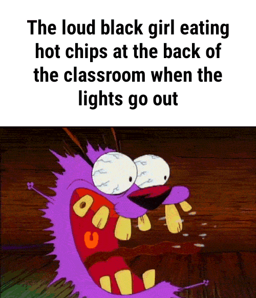 The loud black girl eating hot chips at the back of the classroom when