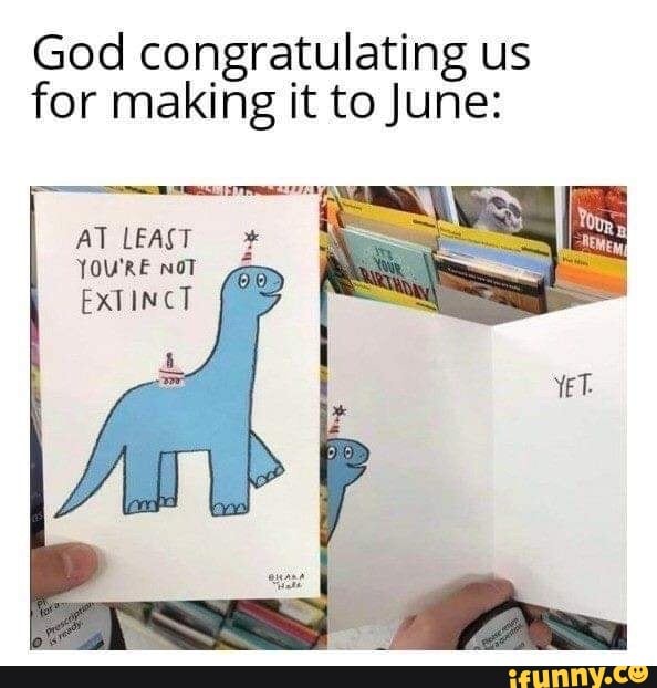 God congratulating us
for making it to June:
AT LEAST YOURE NOT Gm
EXTINCT
