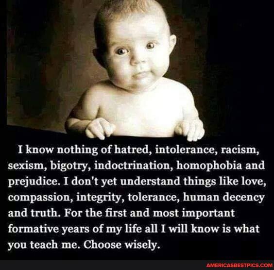 I know nothing of hatred, intolerance, racism, sexism, bigotry, indoctrination, homophobia and prejudice. I don't yet understand things like love, compassion, integrity, tolerance, human decency and truth. For the first and most important formative years of my life all I will know is what you teach me. Choose wisely.