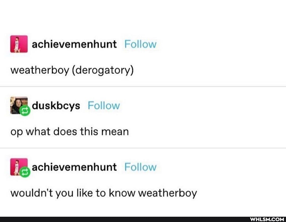 weatherboy (derogatory)
Follow
op what does this mean
Follow
wouldn't you like to know weatherboy