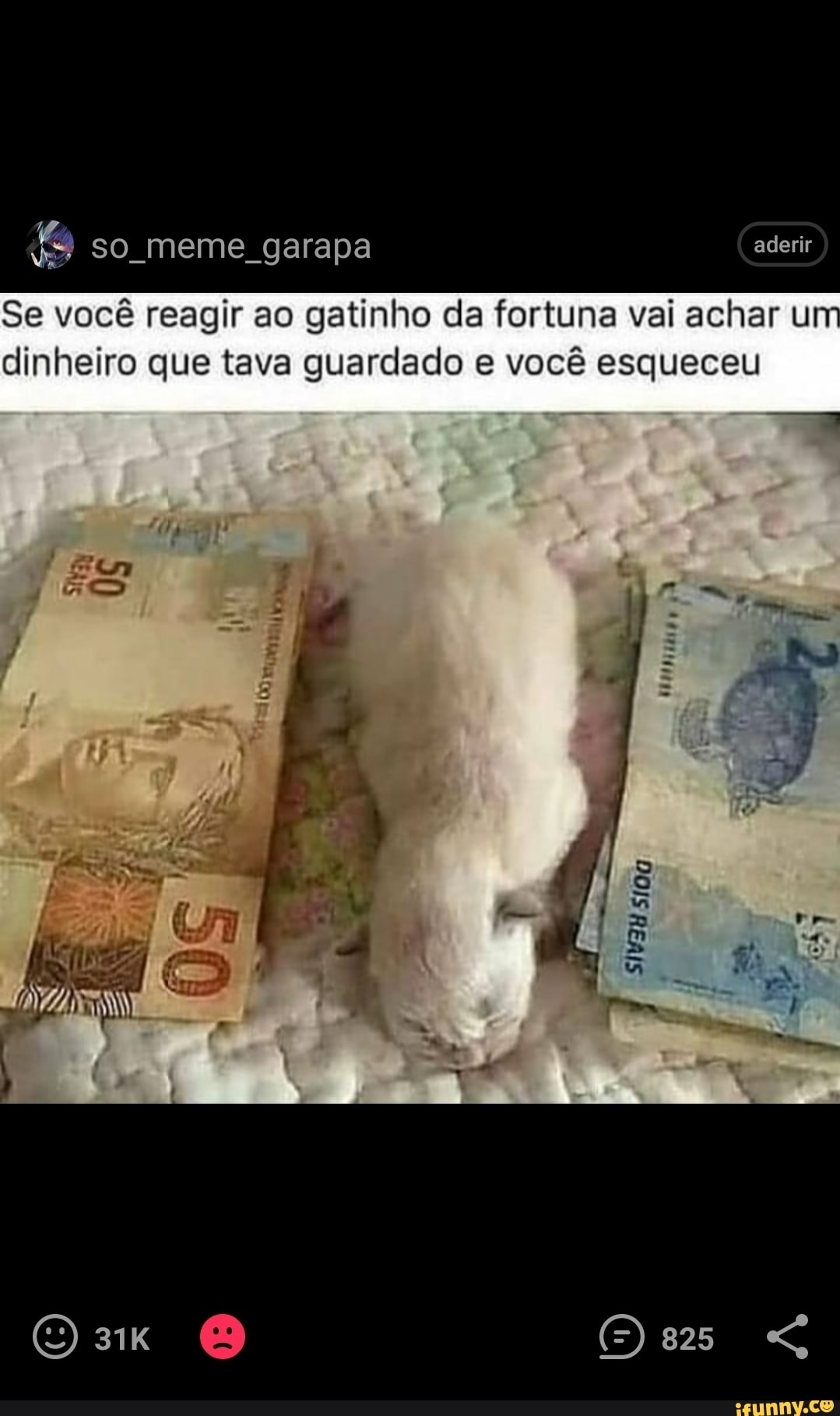 so meme garapa
Se você reagir ao gatinho da fortuna vai achar um dinheiro que tava guardado e você esqueceu
US