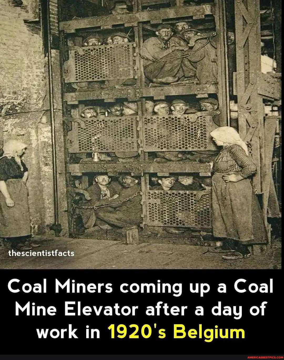 Scientist facts Coal Miners coming up a Coal Mine Elevator after a day