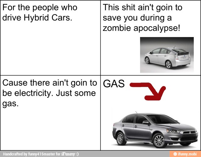 For the people who
drive Hybrid Cars.
This shit ain't goin to
save you during a
zombie apocalypse!
Cause there ain't goin to
be electricity. Just some
gas.