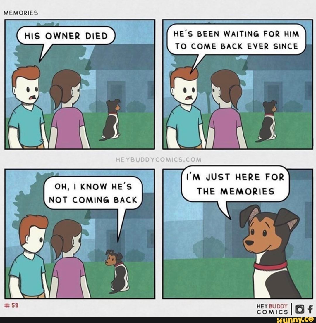 MEMORIES
OWNER DIED
HE'S BEEN WAITING FOR HIM TO COME BACK EVER SINCE
I'M JUST HERE FOR THE MEMORIES
OH, I KNOW HE'S NOT COMING BACK
HEY BUDDY