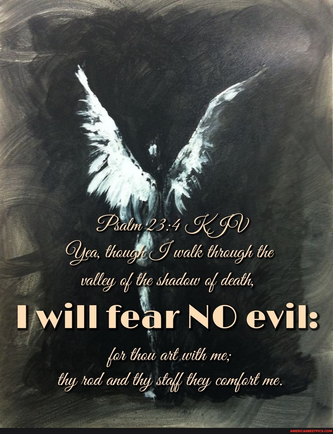 walk thaugh the
allay of the shadaw of death,
Pwill fear NO evil: for thou at with me;
red thy and thay camfest me.