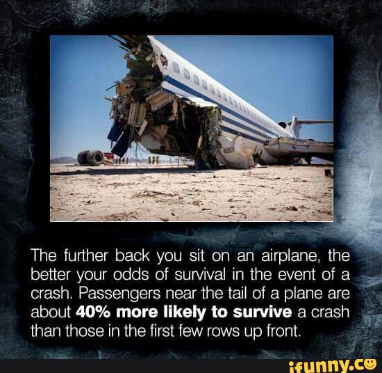 The further back you sit on an airplane, the
better your odds of survival in the event of a
crash. Passengers near the tail of a plane are
'
about 40% more likely to survive a crash
than those in the first few rows up front.
1