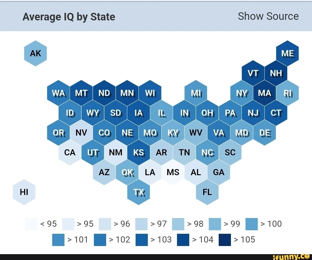 Average IQ by State Show Source NY MA PA NJ CT VA MD DE AZ LA MS AL GA