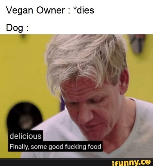 Vegan Owner : *dies
Dog:
delicious
Finally, some good fucking food