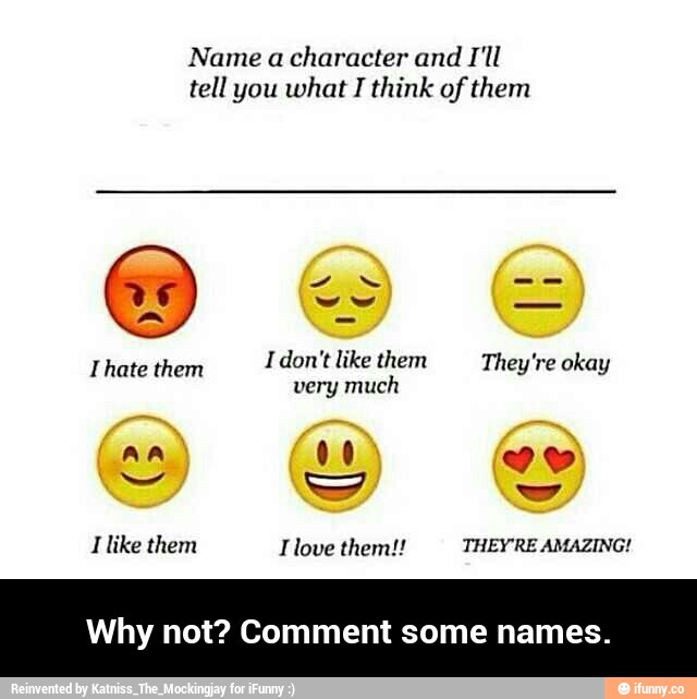 Name a
character and I'll
tell you what I think ofthem
I hate them I don't likc them They're okay
very much
Why not? Comment some names. - Why not? Comment some names.
