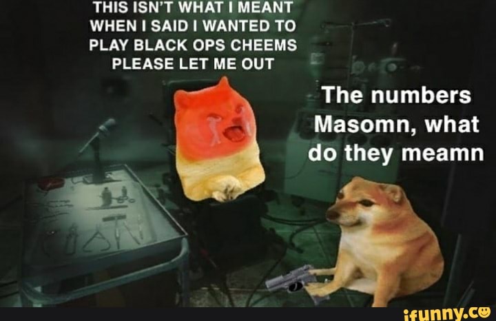 THIS ISN'T WHAT I MEANT
PLAY BLACK OPS CHEEMS
I
PLEASE LET ME OUT E The numbers
Ea Masomn, what
do they meamn