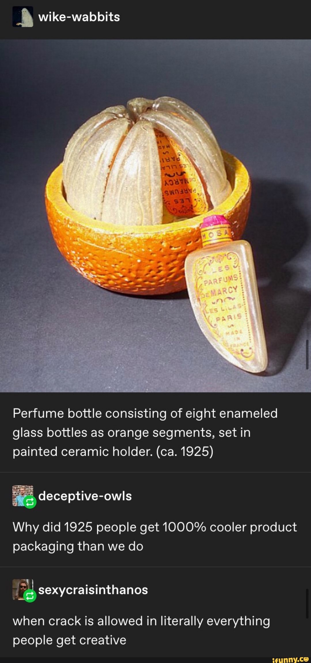 Perfume bottle consisting of eight enameled glass bottles as orange