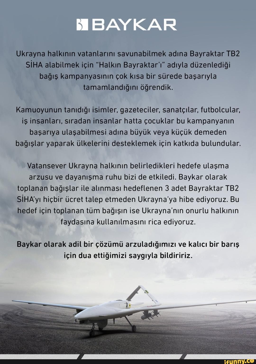 Turkish defense company Baykar to provide three Bayraktar TB2 drones to