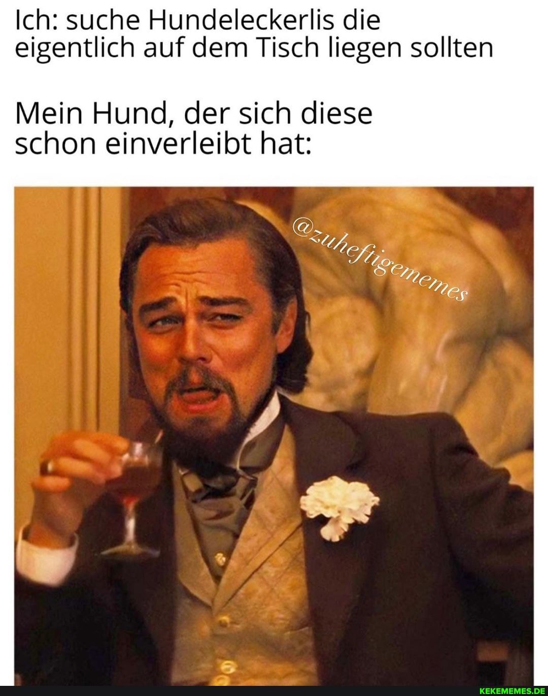 Ich: suche Hundeleckerlis die eigentlich auf dem Tisch liegen sollten
Mein Hund, der sich diese schon einverleibt hat: