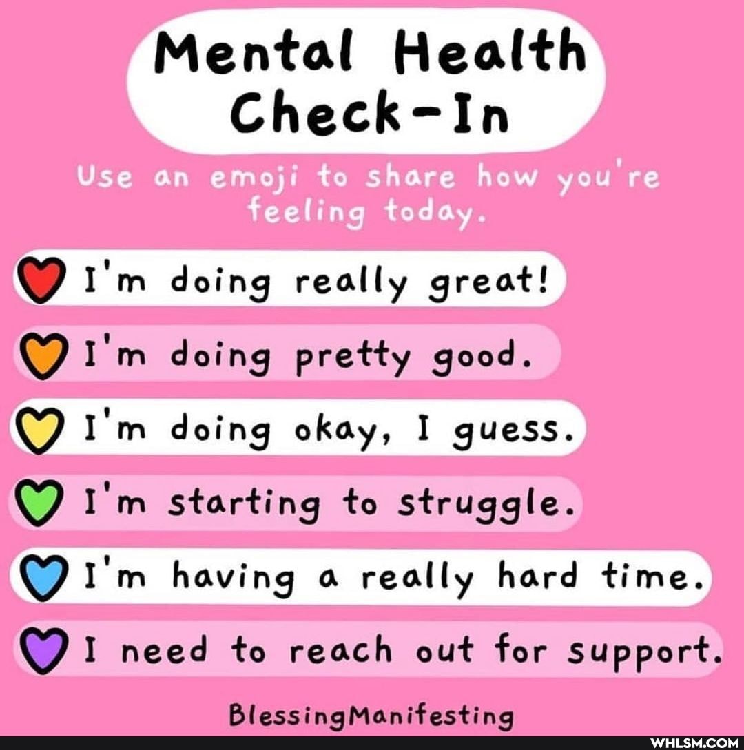 Mental Health
Check-In
I'm doing really great!
I'm doing pretty good.
wy) I'm doing okay, I guess.
yy) I'm starting to struggle.
QY I'm having really hard time.
need to reach out for support.
BleccinaManifectina