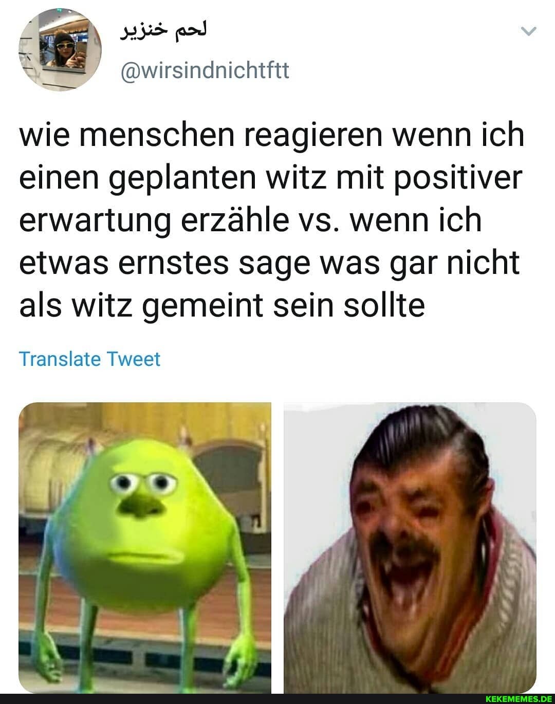 wie menschen reagieren wenn ich einen geplanten witz mit positiver erwartung erzähle vs. wenn ich etwas ernstes sage was gar nicht als witz gemeint sein sollte
Translate Tweet