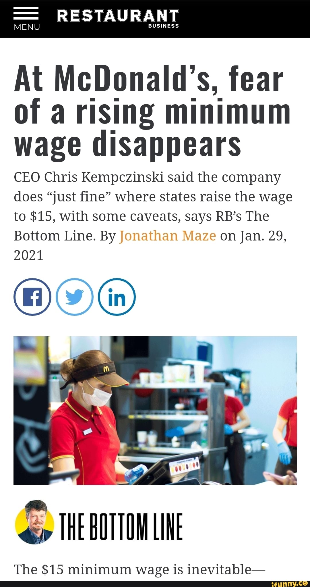 RESTAURANT MENU At McDonald's, fear of a rising minimum Wage disappears