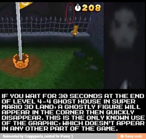 0208
IF YOU WAIT FOR 36 SECONDS AT THE END
OF LEVEL 4-4 GHOST HOUSE IN SUPER
MARIO 3D LAND; À GHOSTLY FIGURE HILL
APPEAR IN THE CORNER THEN QUICKLY
DISAPPEAR. THIS IS THE ONLY KNOWN USE
OF THE GRAPHIC; HHICH DOESN'T APPEAR
IN ANY OTHER PART OF THE GAME.