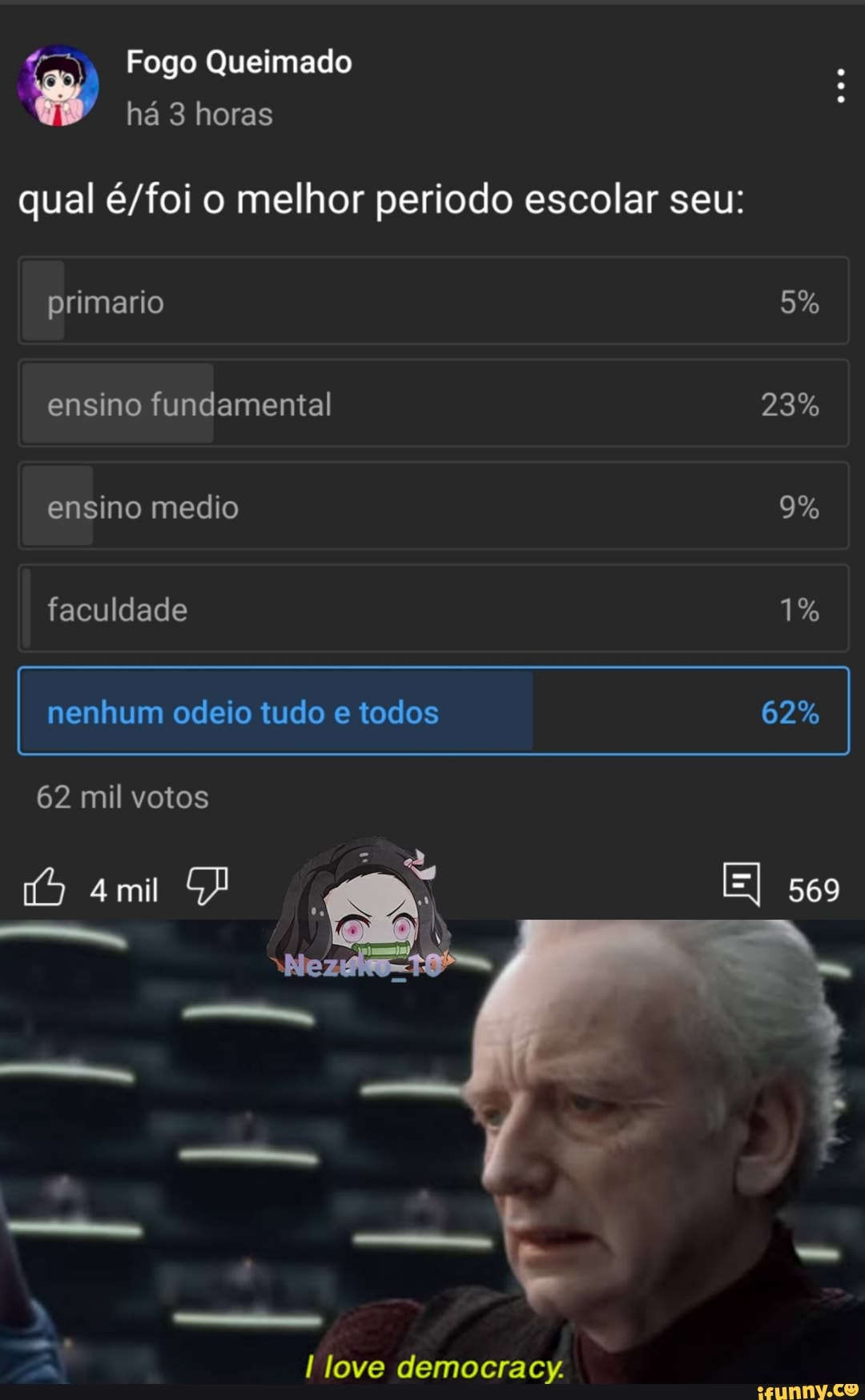 Fogo Queimado há 3 horas
qual o melhor periodo escolar seu:
primario 5% ensino fundamental 23% ensino medio 9% faculdade 1% nenhum odeio tudo e todos 62%
62 mil votos amil 569
love democracy.