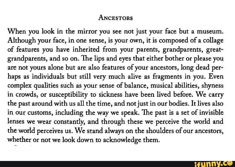 ANCESTORS When You Look In The Mirror You See Not Just Your Face But A Museum Although Your 