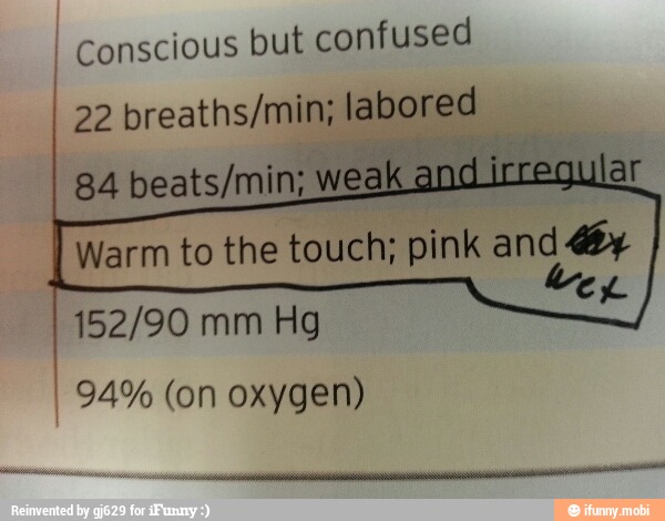 conscious but confused
I
22 breaths/min; labored
84 beats/min;
I
Warm to the touch; pink and @y
152/90 mm Hg
Mex
I