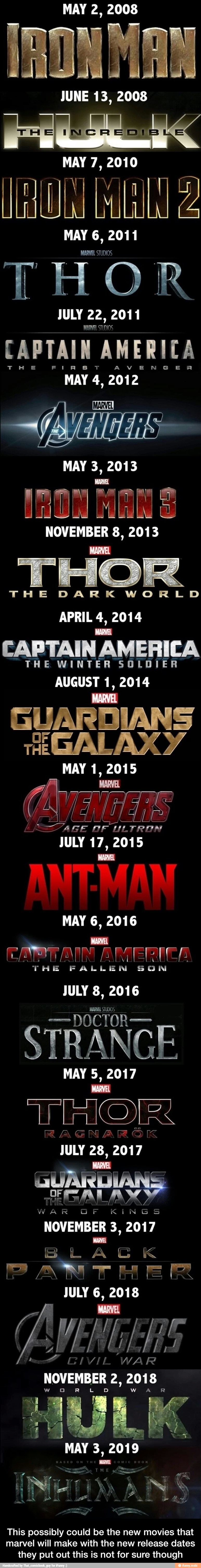 MAY 2, 2008
JUNE 13, 2008
MAY 7, 2010
TRAN?
MAY dis 201 I
THOR
JULY 22, 201 1
TUL,
MAY 4, 2012 - This possibly could be the new movies that marvel will make with the new release dates they put out this is not for sure though