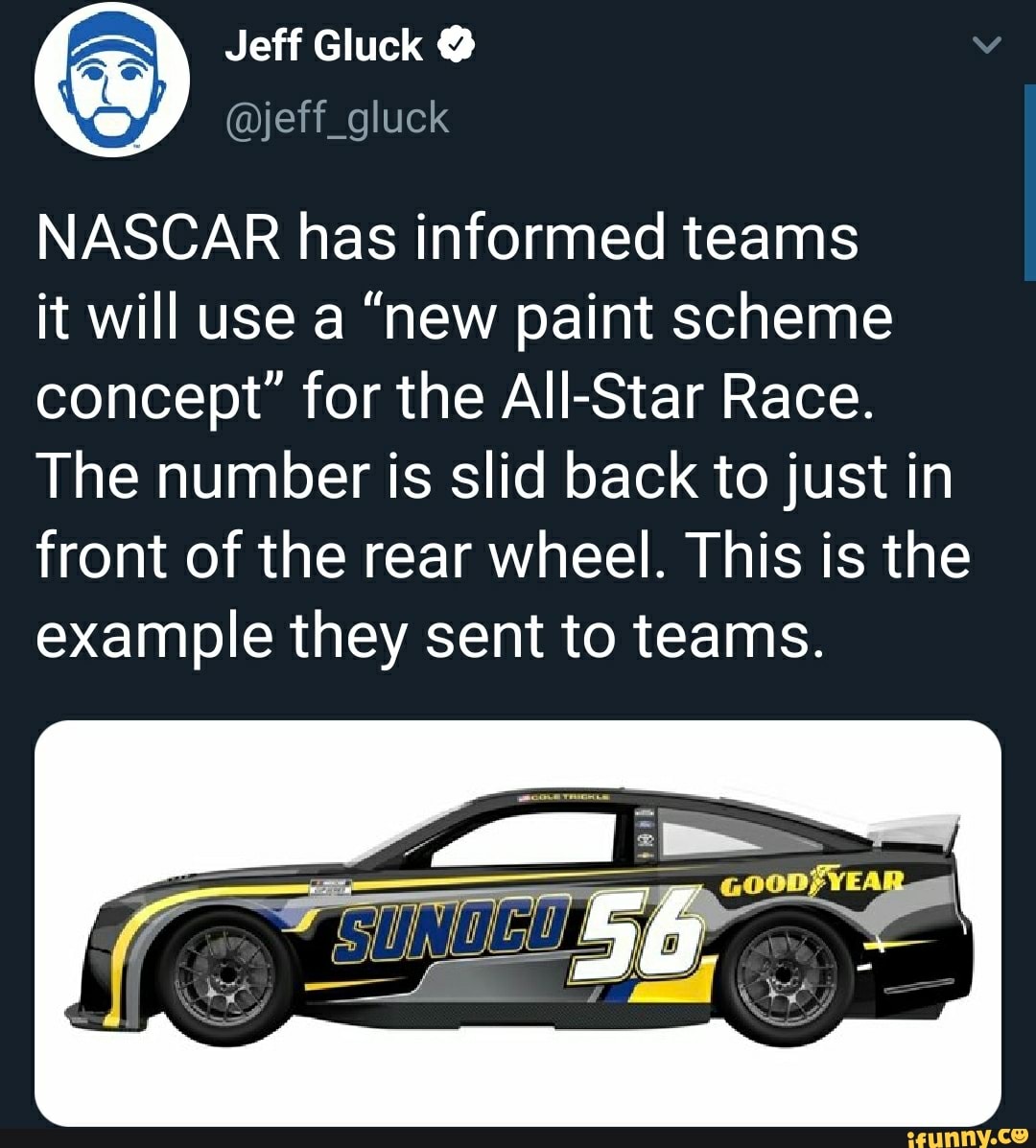 NASCAR has informed teams
it will use a "new paint scheme
concept" for the All-Star Race.
The number is slid back to just in
front of the rear wheel. This is the
example they sent to teams.