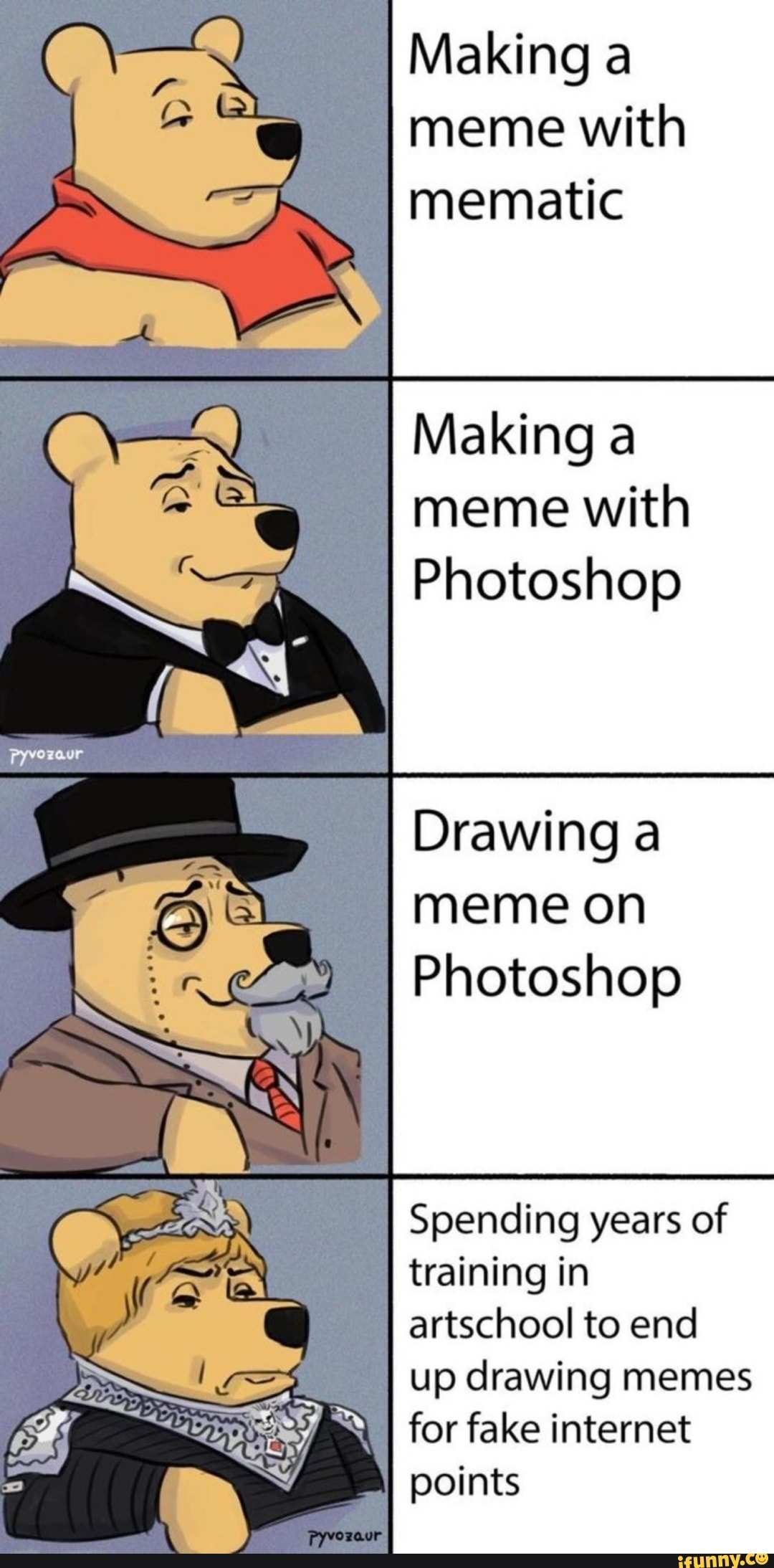 Making a
meme with
mematic
Making a
meme with
Photoshop
Drawing a
meme on
Photoshop
Spending years of
training in
artschool to end
up drawing memes
for fake internet
points