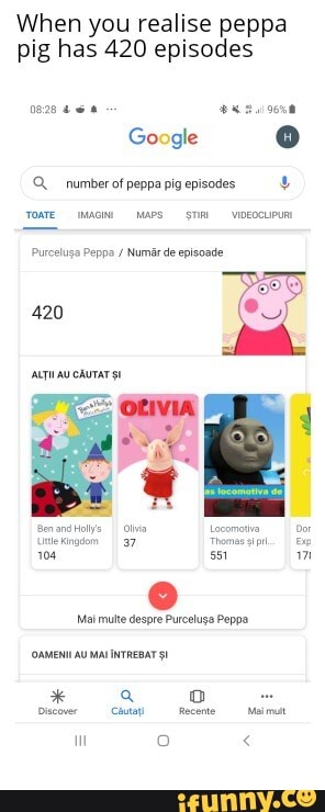 When you realise peppa
pig has 420 episodes
Q, number of peppa pig episodes y
420
Mal mute despre Purceluss Peppa
