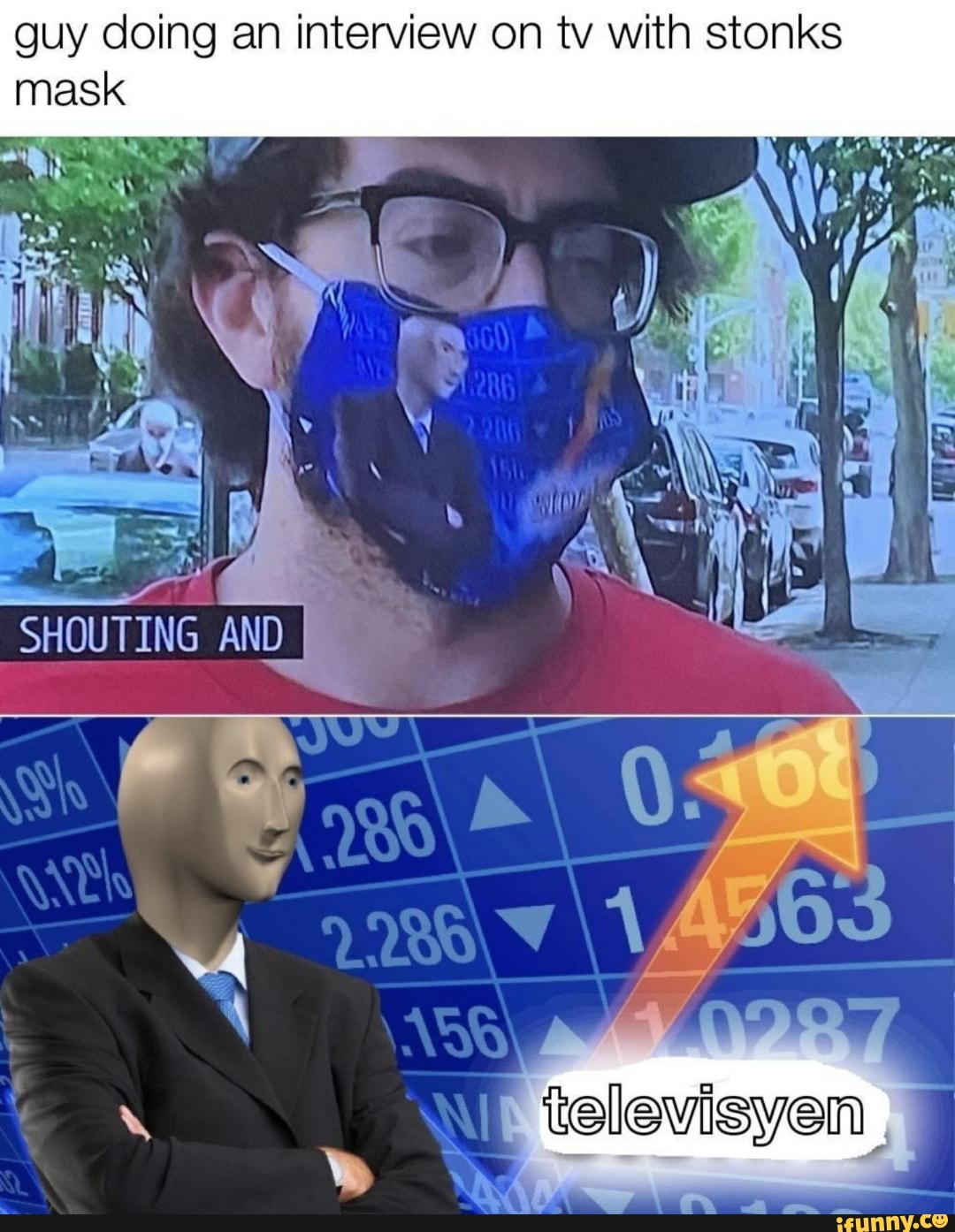 guy doing an interview on tv with stonks