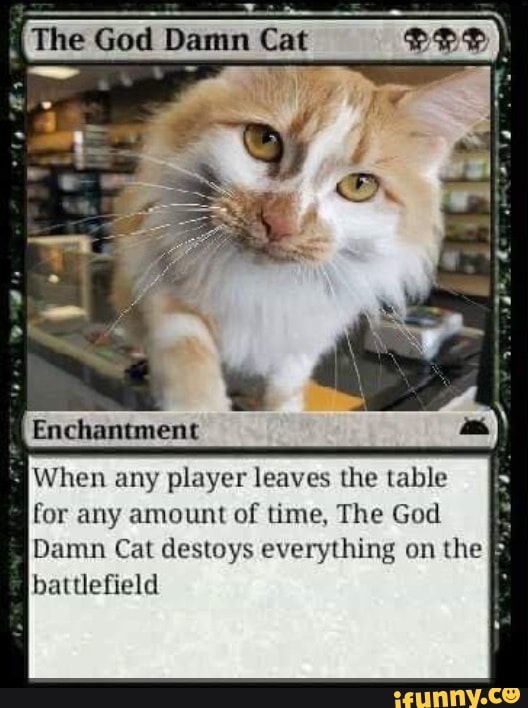 The God Damn Cat
Enchantment
When any player leaves the table for any amount of time, The God
Damn Cat destoys everything on the battlefield