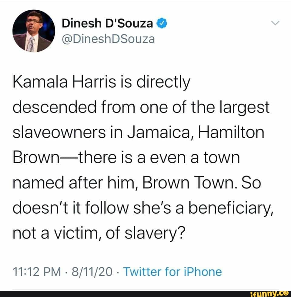 Dinesh D'Souza
Kamala Harris is directly descended from one of the largest slaveowners in Jamaica, Hamilton
Brown-there is a even a town named after him, Brown Town. So doesn't it follow she's a beneficiary, not a victim, of slavery?
PM - - Twitter for iPhone