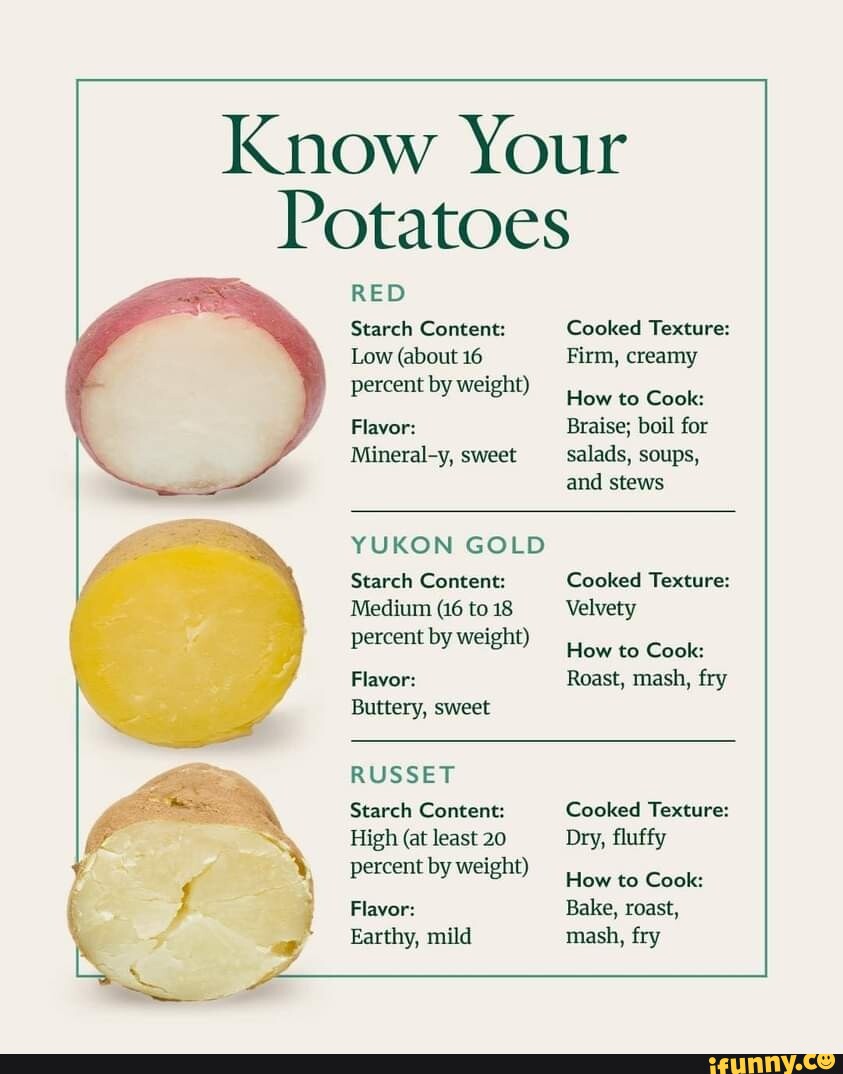 Know Your Potatoes RED Starch Content Low about 16 Percent By Weight