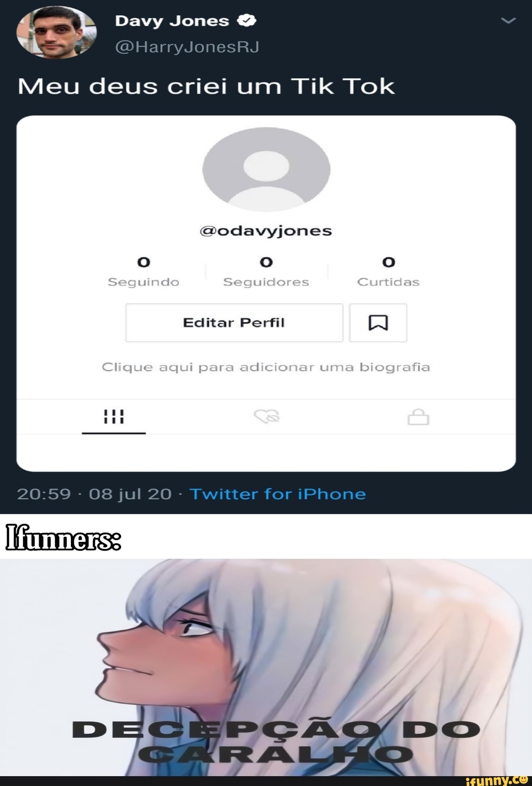Ame ue
Meu deus criei um Tik Tok
@odavyjones
o
Editar Perfil
3:59
