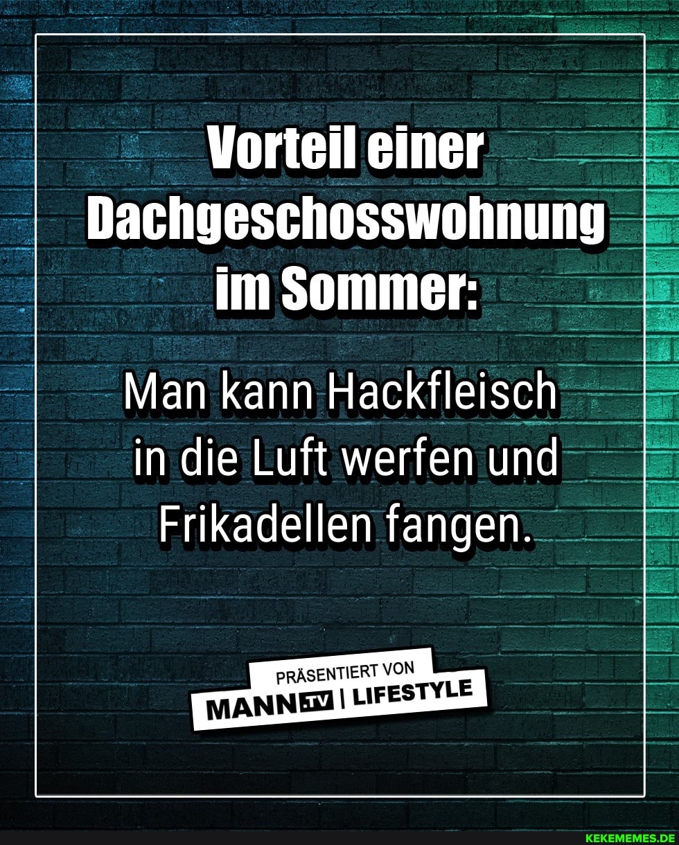 Vorteil einer
Dachgeschosswohnung im Sommer:
Man kann Hackfleisch in die Luft werfen und
Frikadellen fangen.
IT
PRÄSENTIERT VON M ANNES LIFESTYLE