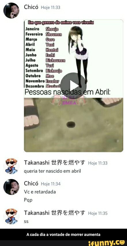 Chicó Hoje
db cfio ao
Janeiro Shonfo
Fevereiro Shoumem
Març
Abril
Maio
Junho
Julho
Agost
Setembro
Outubro (Moo
Novembro
Takanashi EREMOS
queria ter nascido em abril
Chicó Hoje
Vce retardada
Takanashi EREMOS Hoje 35
Pap
ss
A cada dia a vontade de morrer aumenta - A cada dia a vontade de morrer aumenta